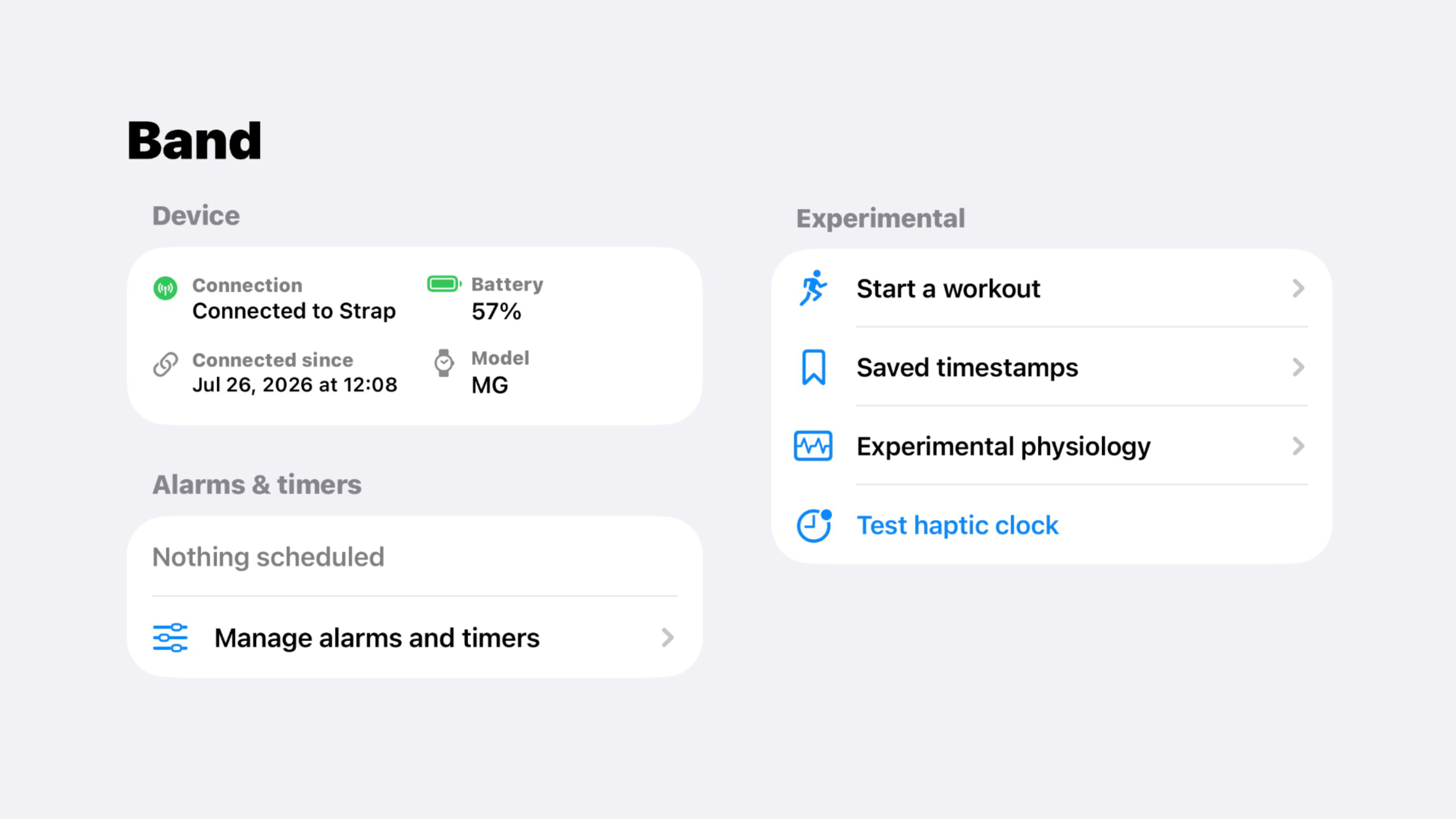 Boop Band showing a connected strap, battery level, model, alarms, and experimental tools