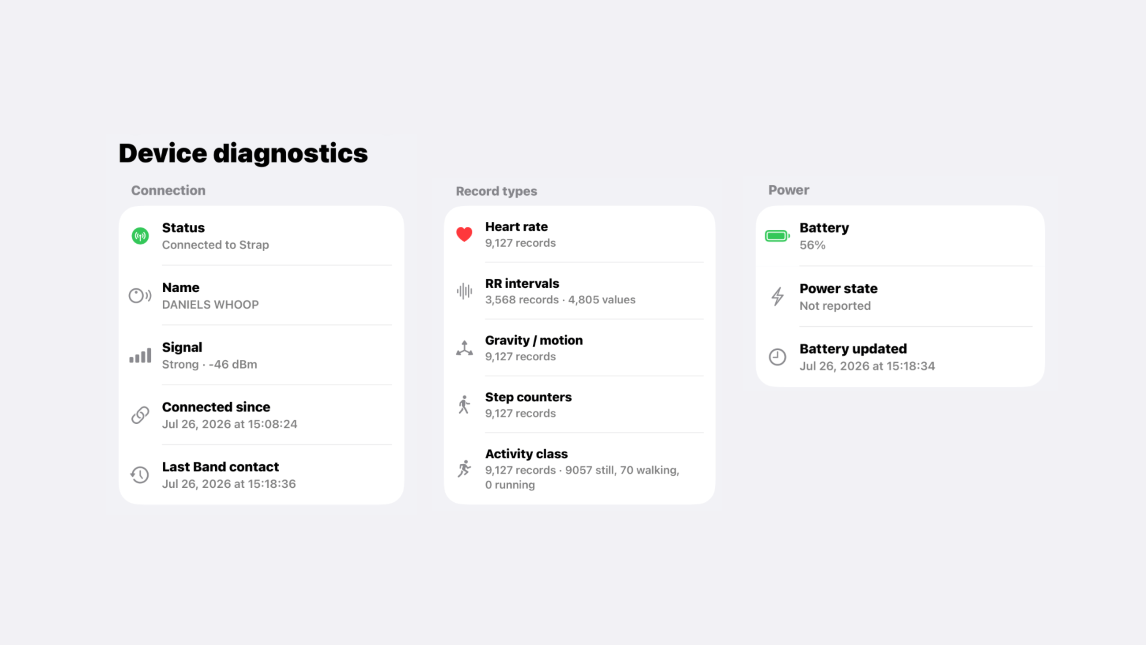 Boop Device diagnostics showing connection details, record type counts, and power status
